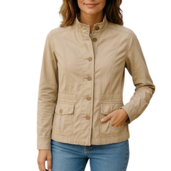 EILEEN FISHER Tan Utility Jacket Ruffled Neck  Drawstring Waist Size XS - Picture 1 of 13